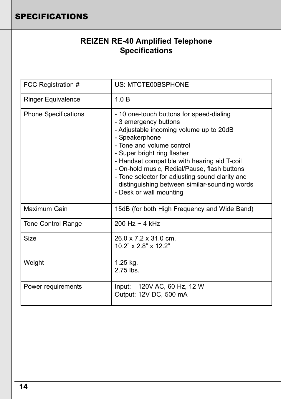 Reizen RE-40 Amplified Telephone User Manual | Page 14 / 16