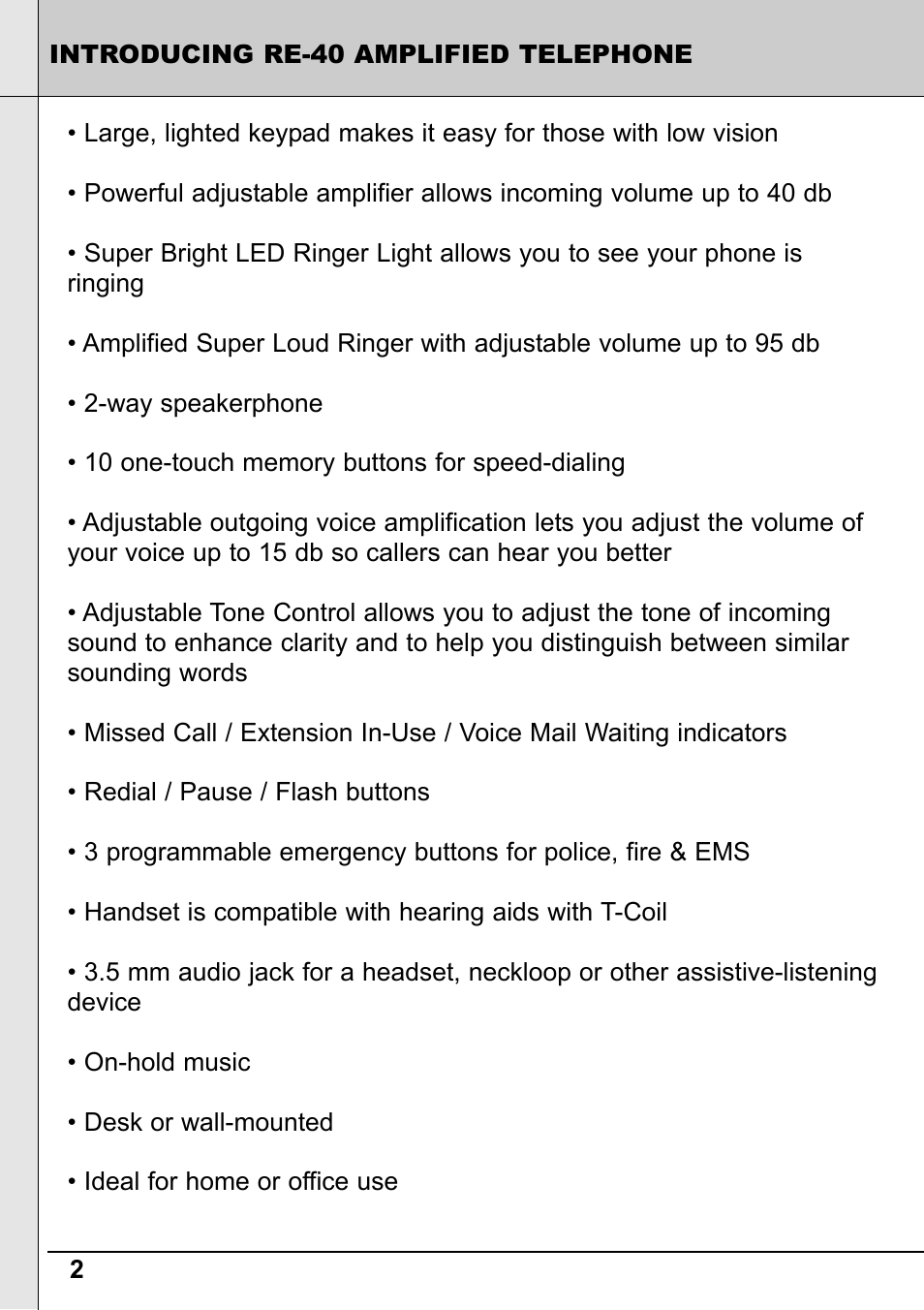 Reizen RE-40 Amplified Telephone User Manual | Page 2 / 16