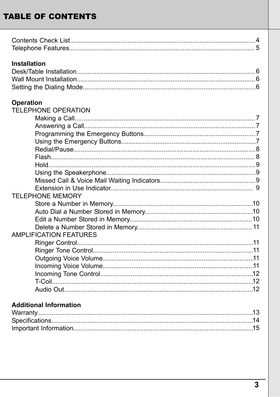 3table of contents | Reizen RE-40 Amplified Telephone User Manual | Page 3 / 16