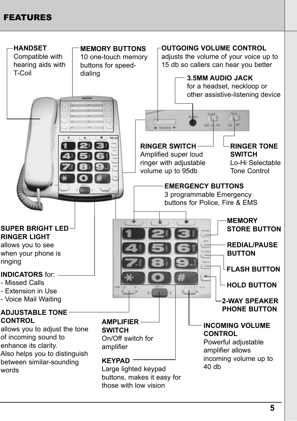 5features | Reizen RE-40 Amplified Telephone User Manual | Page 5 / 16