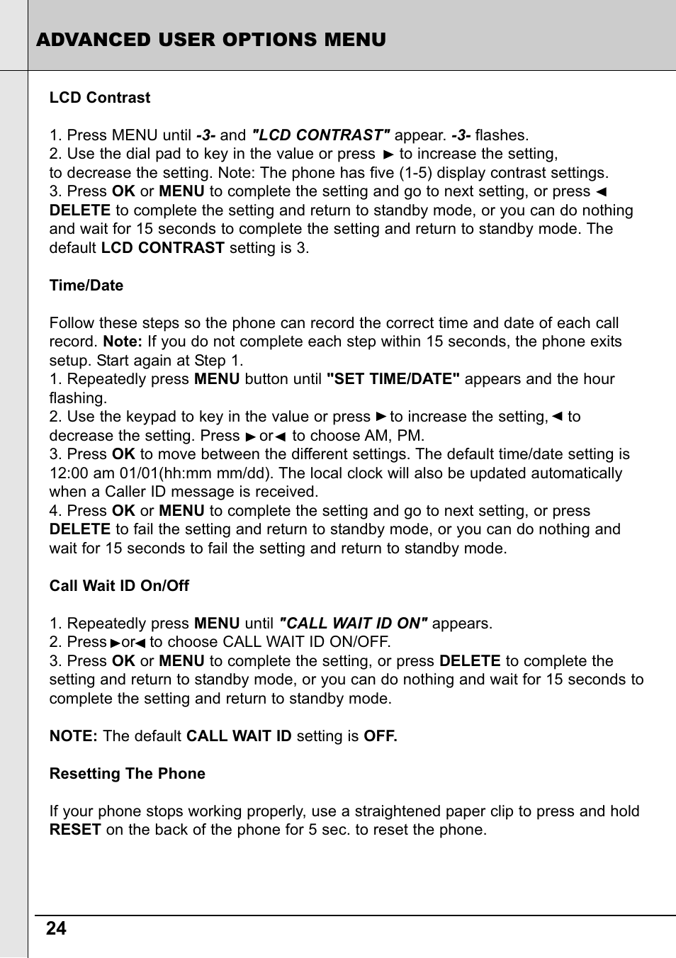 24 advanced user options menu | Reizen RE-50 Amplified Telephone User Manual | Page 24 / 28