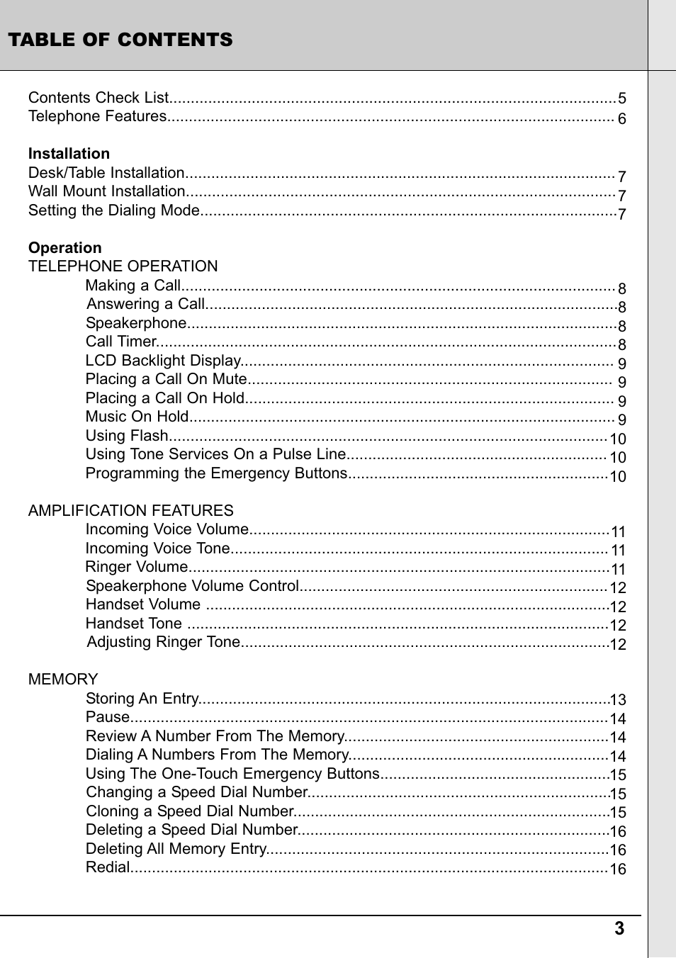 3table of contents | Reizen RE-50 Amplified Telephone User Manual | Page 3 / 28