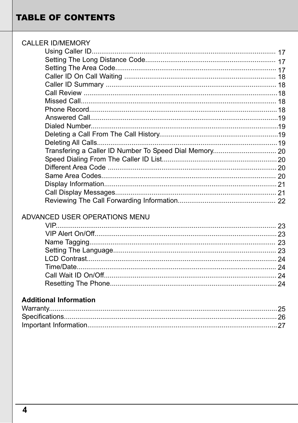 4table of contents | Reizen RE-50 Amplified Telephone User Manual | Page 4 / 28