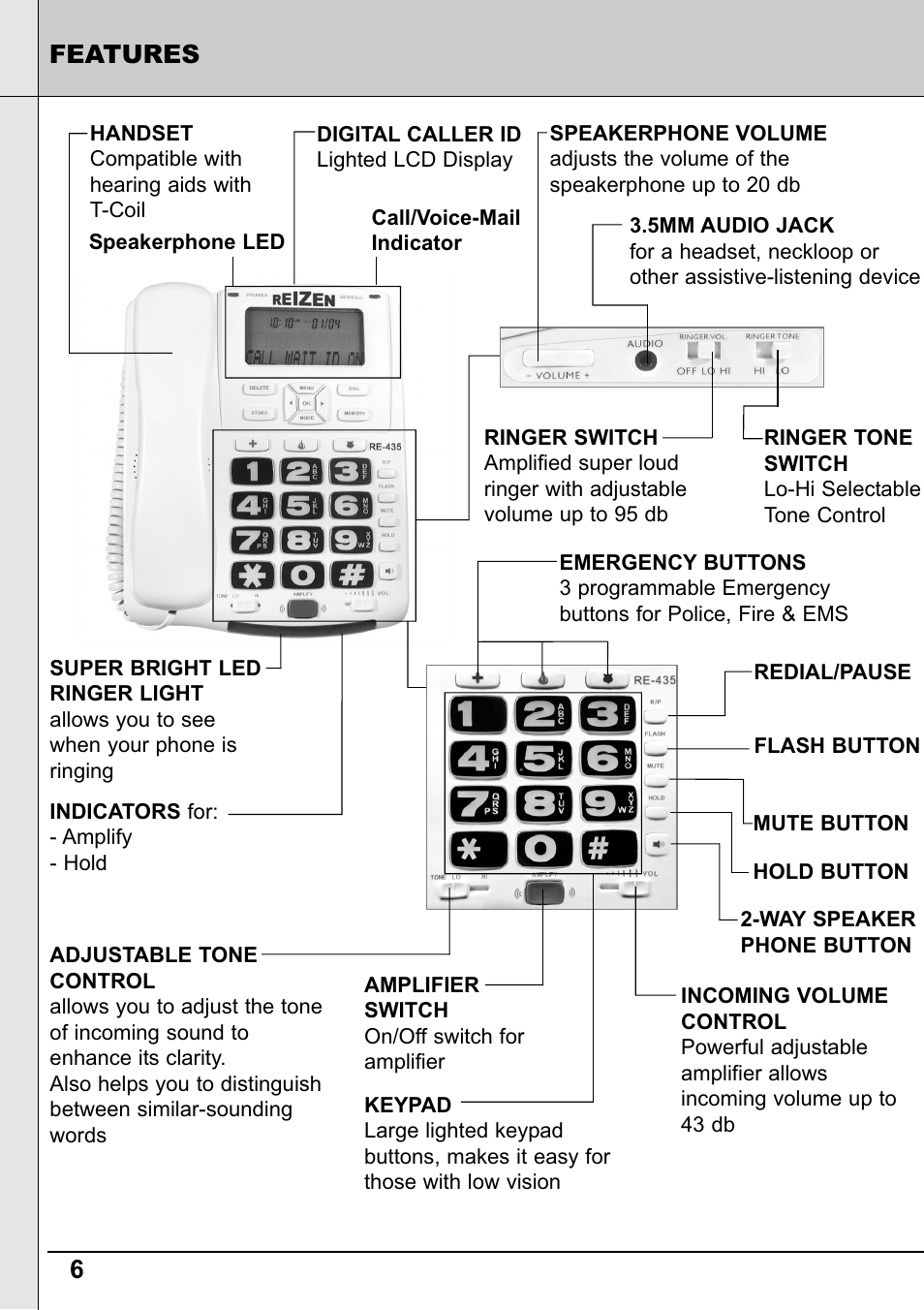 6features | Reizen RE-50 Amplified Telephone User Manual | Page 6 / 28