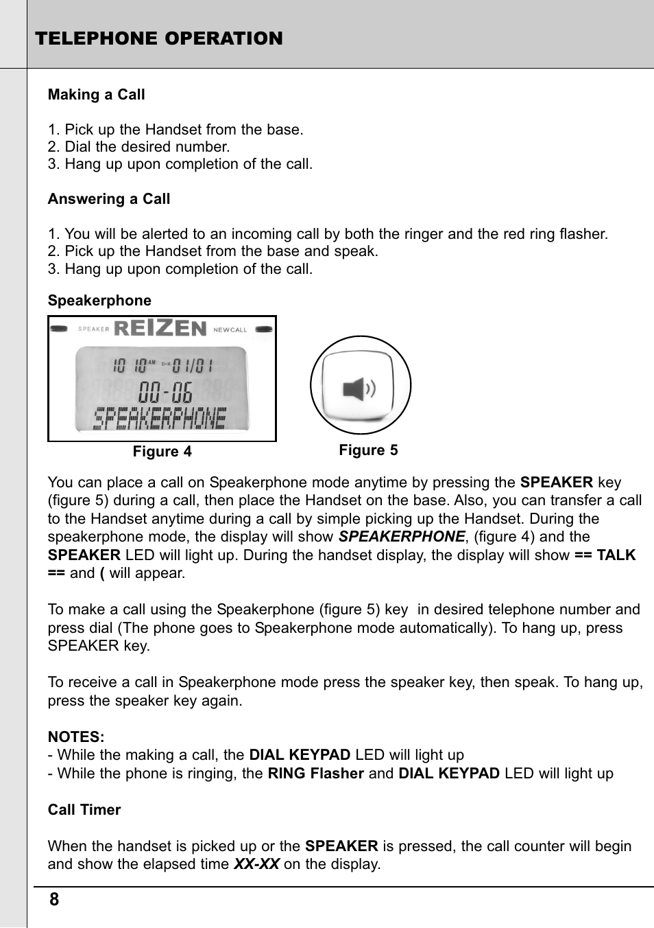 8telephone operation | Reizen RE-50 Amplified Telephone User Manual | Page 8 / 28