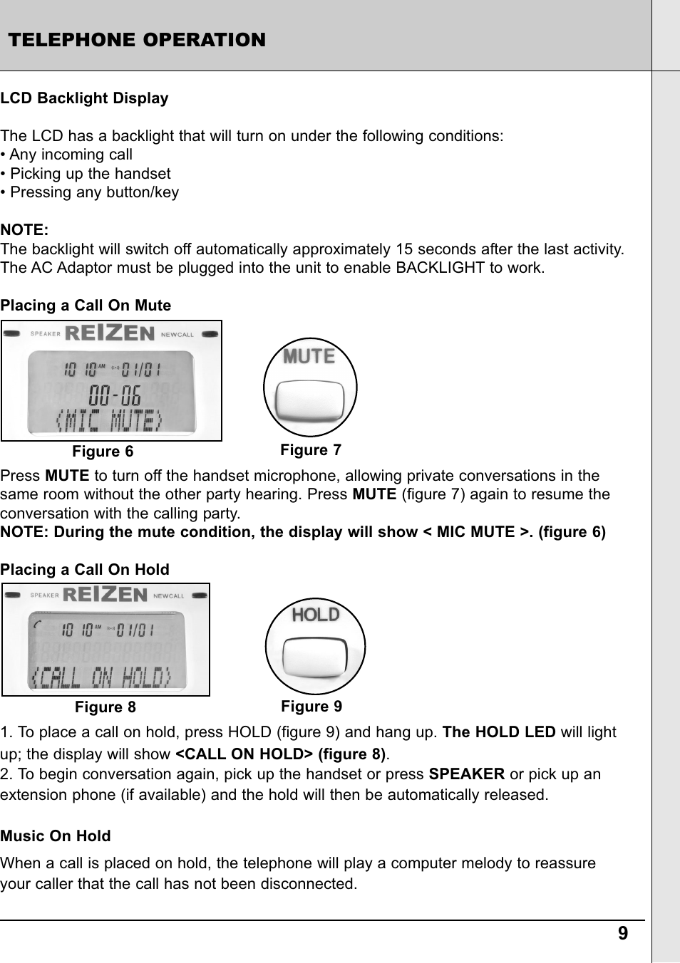 9telephone operation | Reizen RE-50 Amplified Telephone User Manual | Page 9 / 28