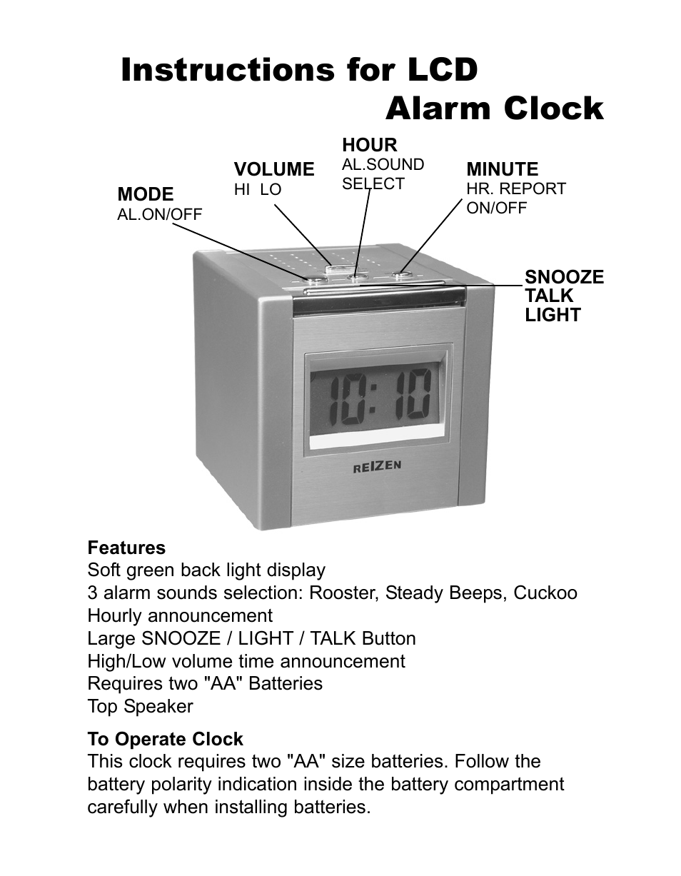 Reizen Talking Alarm Clock User Manual | 2 pages