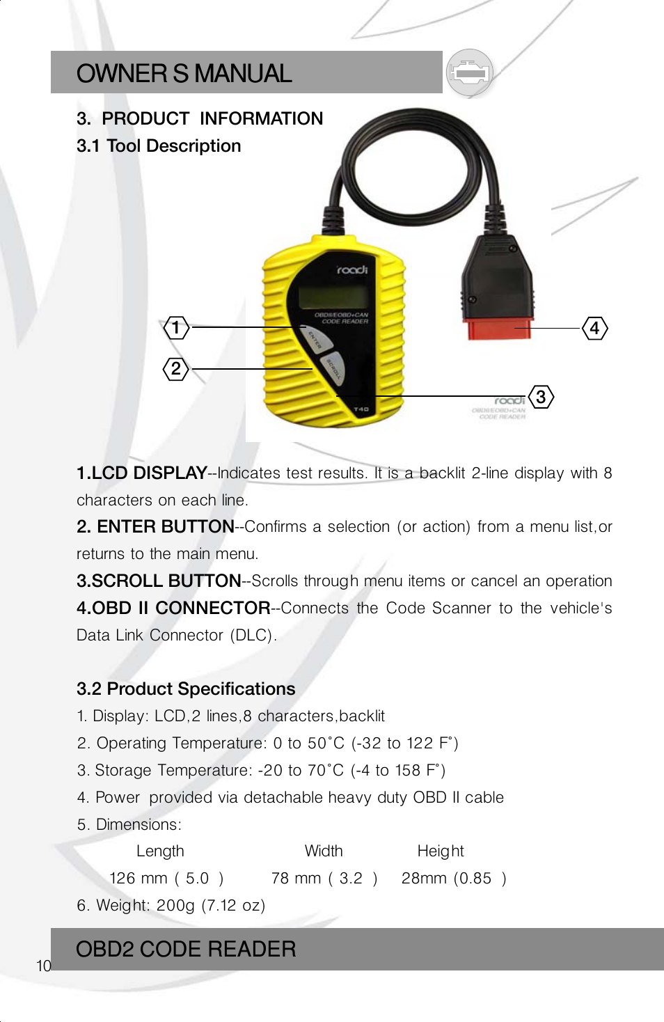 Owner s manual, Obd2 code reader | Roadi RDT40 User Manual | Page 10 / 56