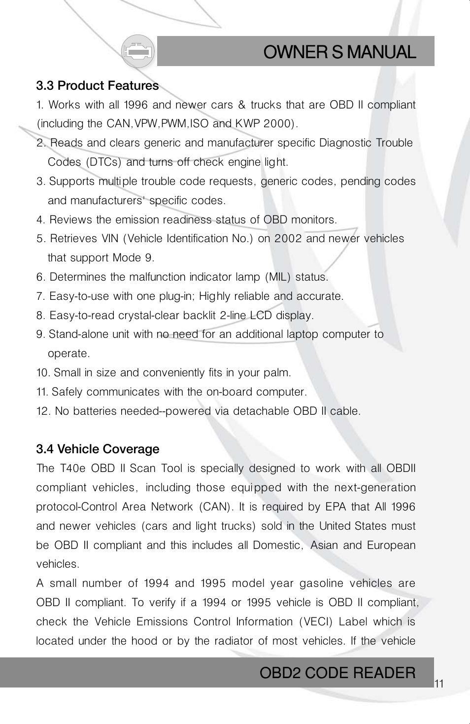 Owner s manual, Obd2 code reader | Roadi RDT40 User Manual | Page 11 / 56