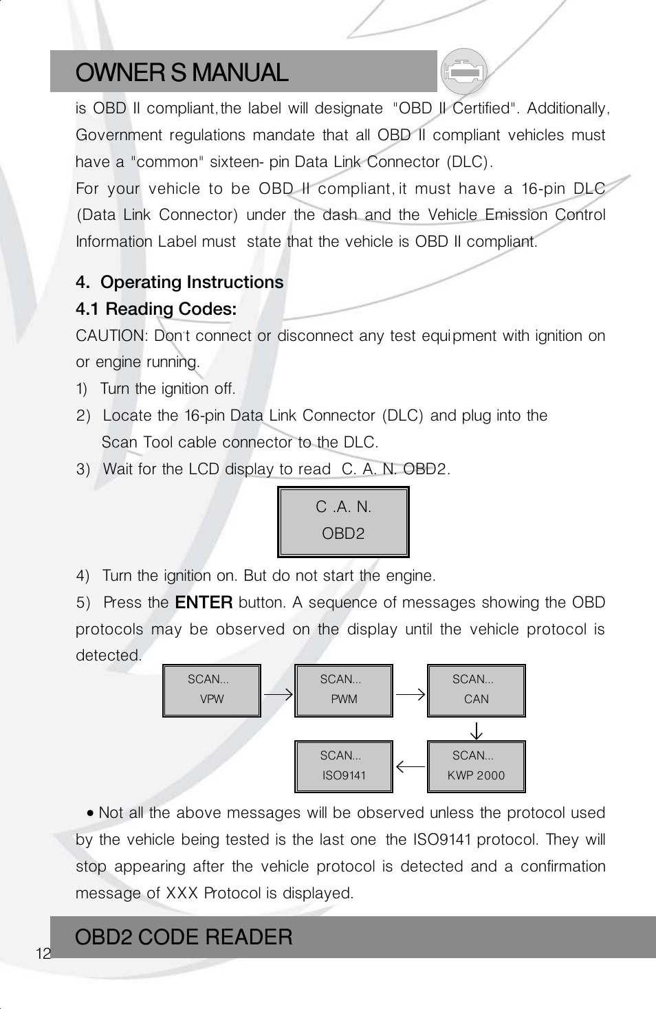 Owner s manual, Obd2 code reader | Roadi RDT40 User Manual | Page 12 / 56