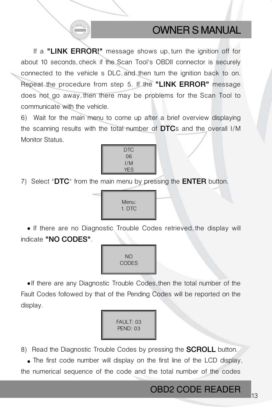 Owner s manual, Obd2 code reader | Roadi RDT40 User Manual | Page 13 / 56
