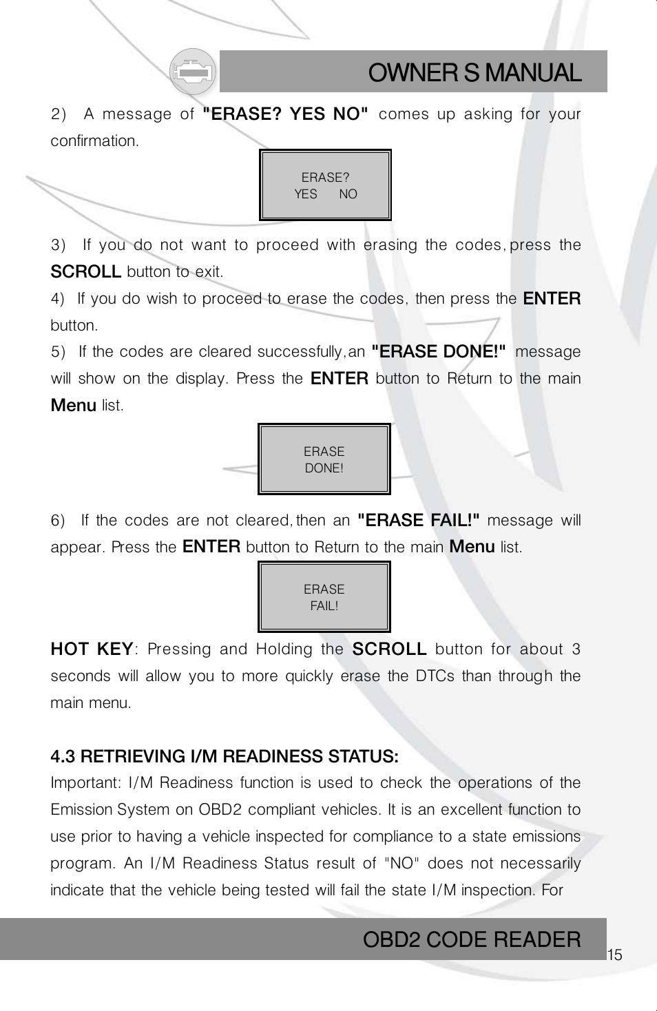 Owner s manual, Obd2 code reader | Roadi RDT40 User Manual | Page 15 / 56