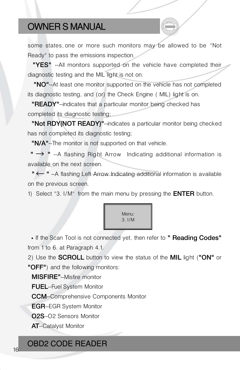 Owner s manual, Obd2 code reader | Roadi RDT40 User Manual | Page 16 / 56