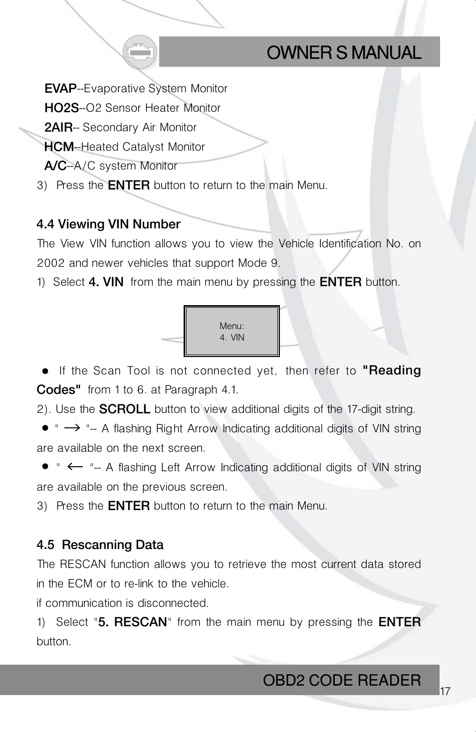 Owner s manual, Obd2 code reader | Roadi RDT40 User Manual | Page 17 / 56