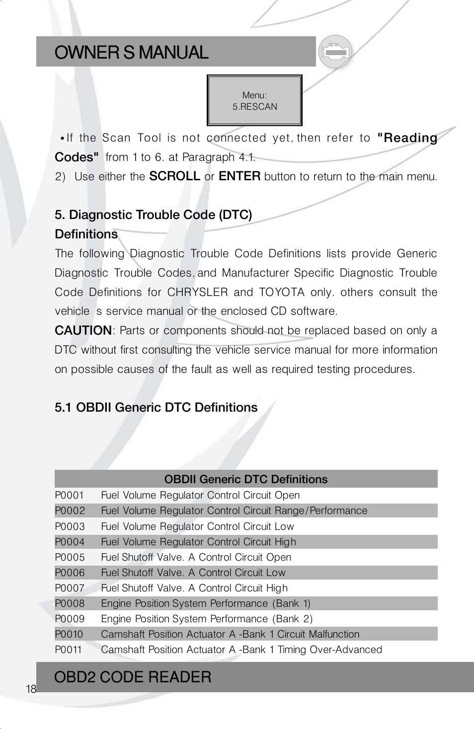 Owner s manual, Obd2 code reader | Roadi RDT40 User Manual | Page 18 / 56