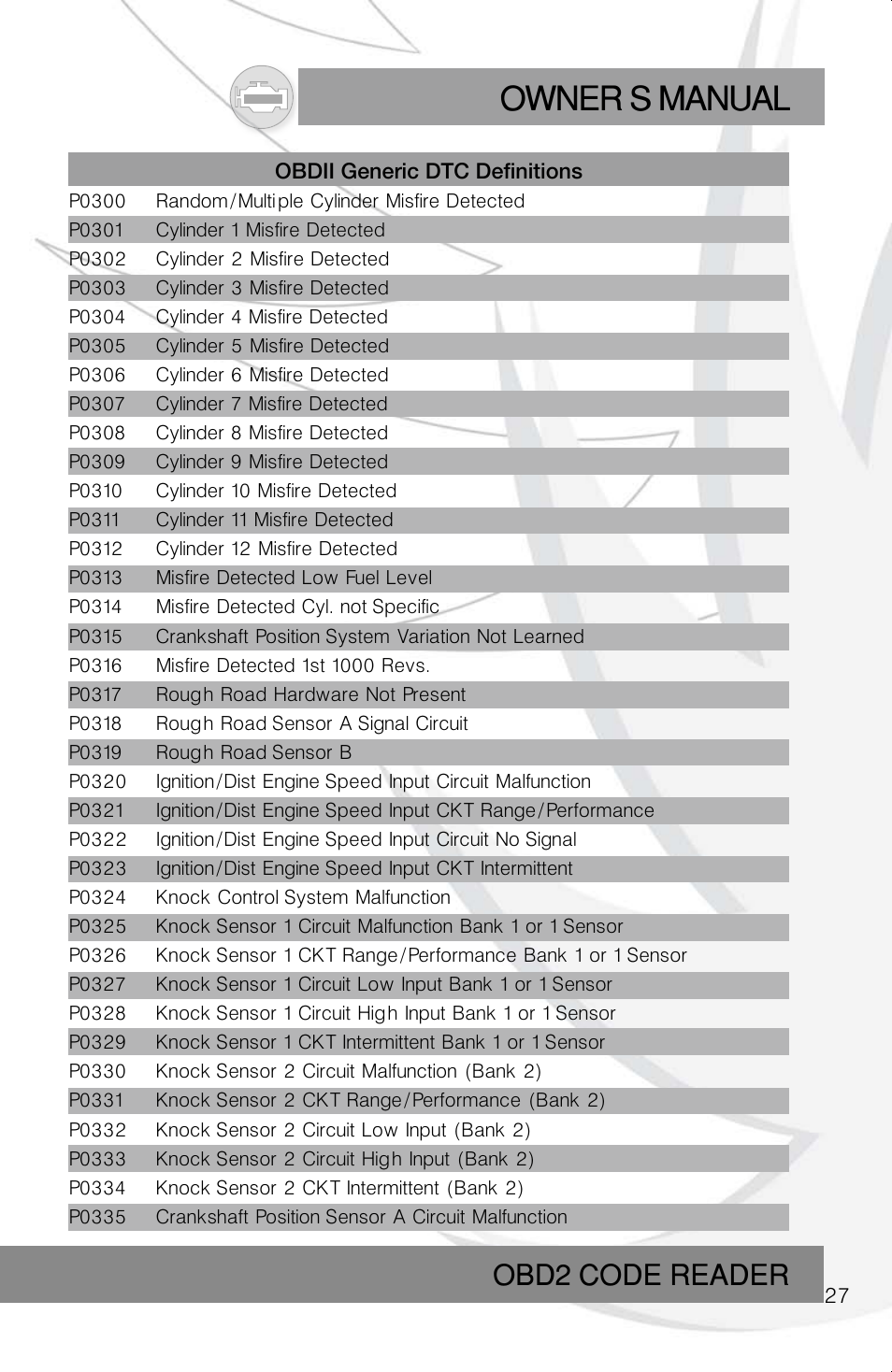 Owner s manual, Obd2 code reader | Roadi RDT40 User Manual | Page 27 / 56