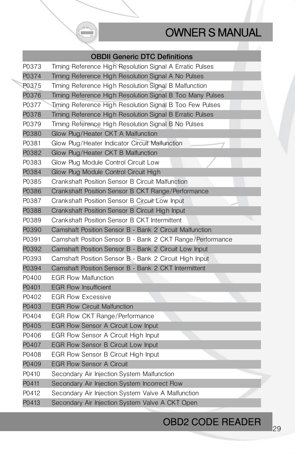 Owner s manual, Obd2 code reader | Roadi RDT40 User Manual | Page 29 / 56