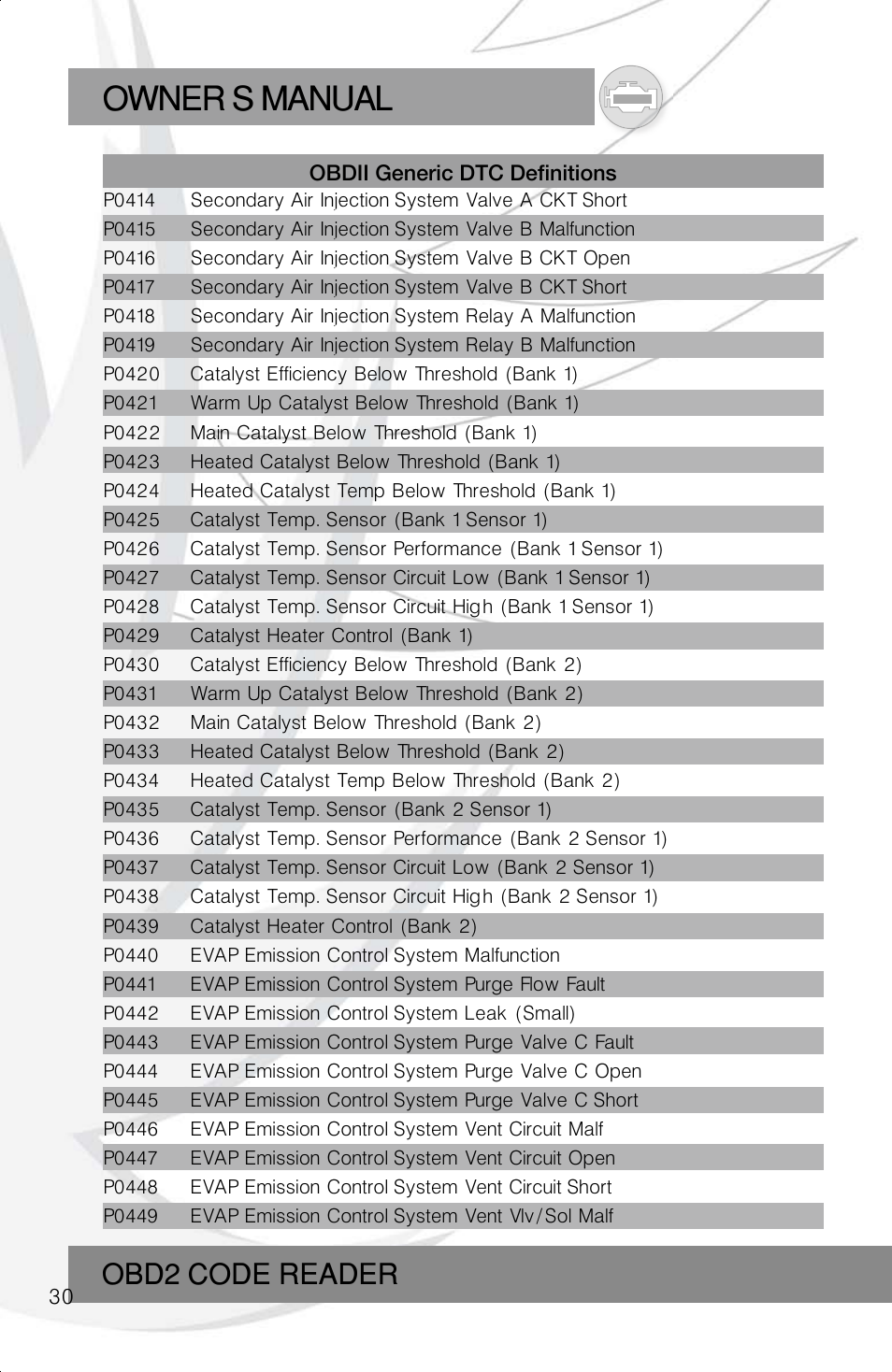 Owner s manual, Obd2 code reader | Roadi RDT40 User Manual | Page 30 / 56