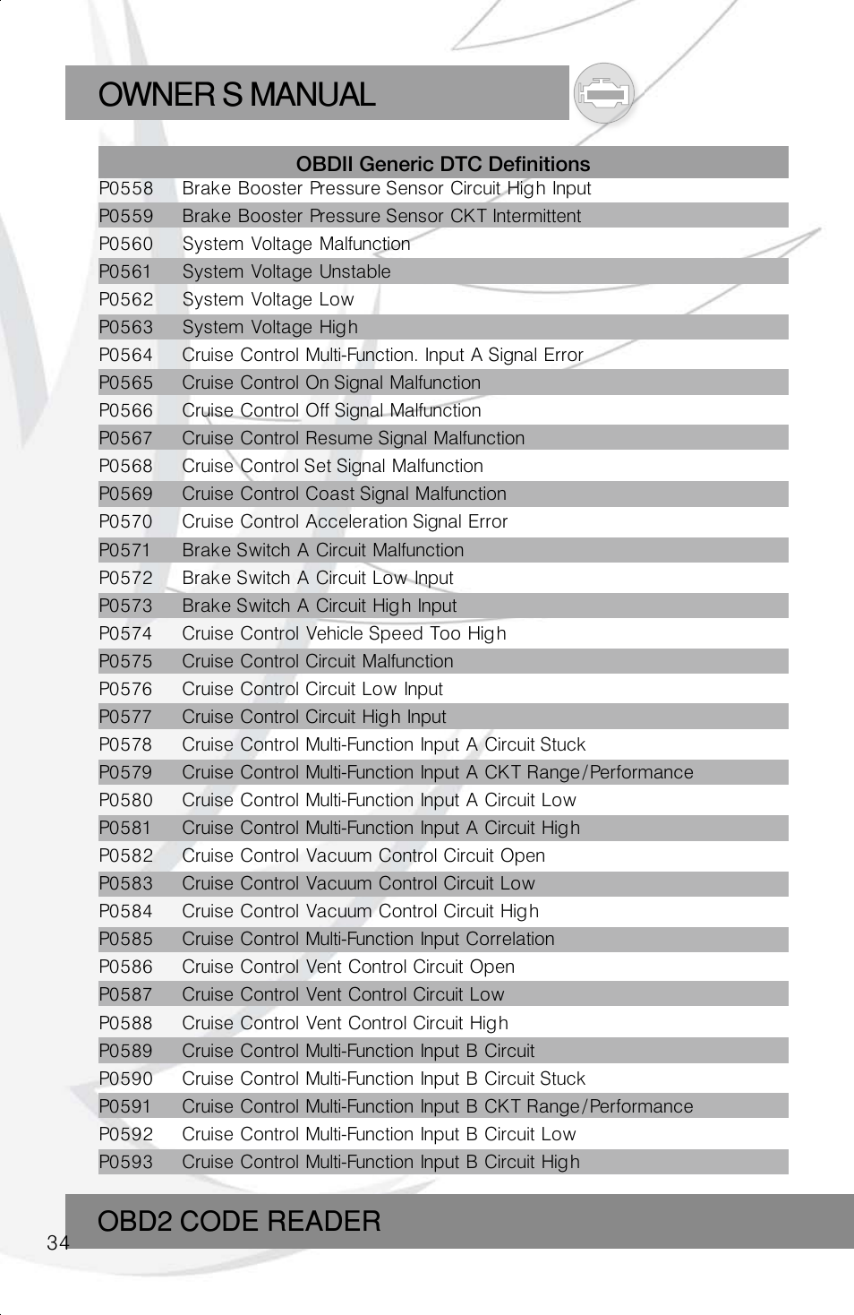 Owner s manual, Obd2 code reader | Roadi RDT40 User Manual | Page 34 / 56