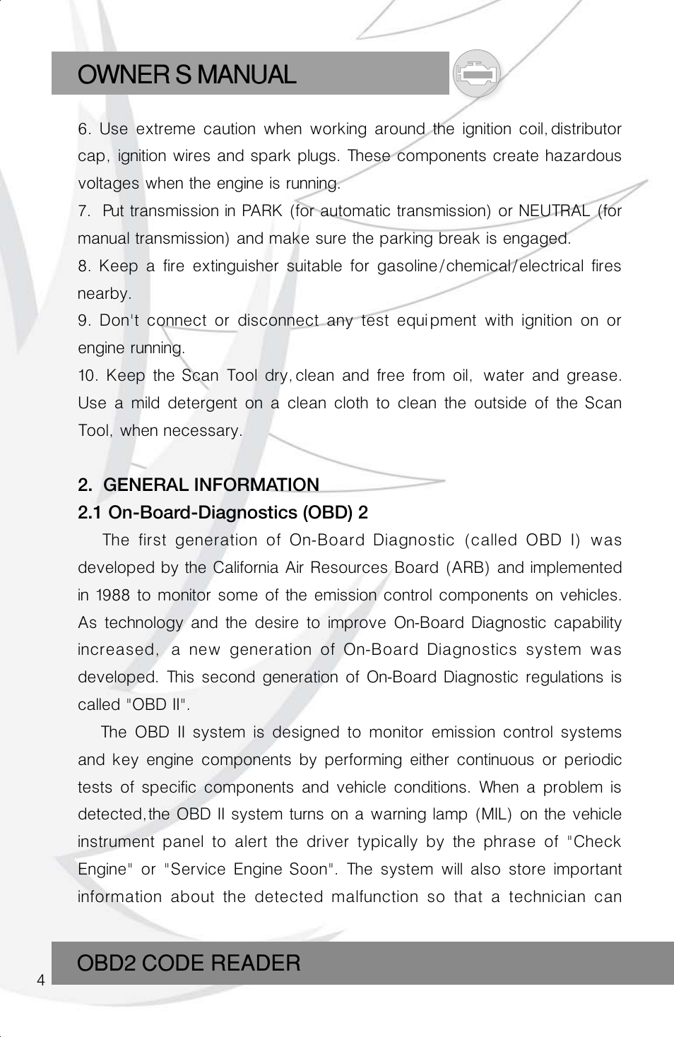 Owner s manual, Obd2 code reader | Roadi RDT40 User Manual | Page 4 / 56