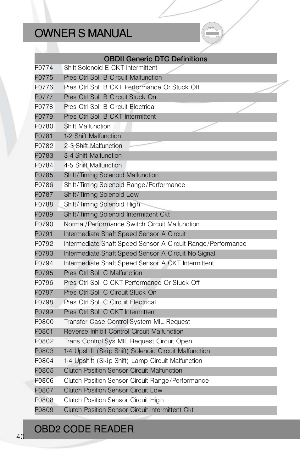 Owner s manual, Obd2 code reader | Roadi RDT40 User Manual | Page 40 / 56