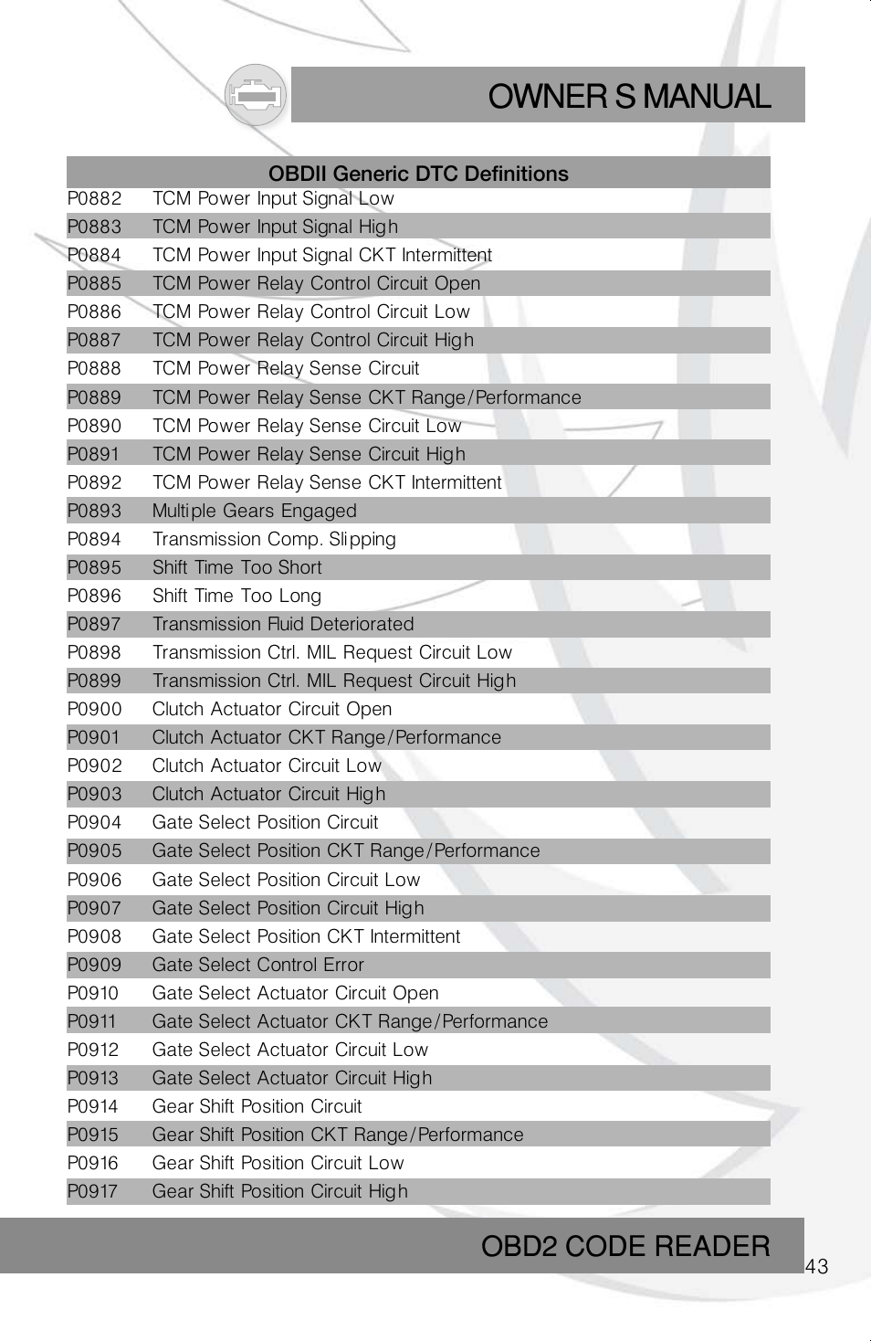 Owner s manual, Obd2 code reader | Roadi RDT40 User Manual | Page 43 / 56