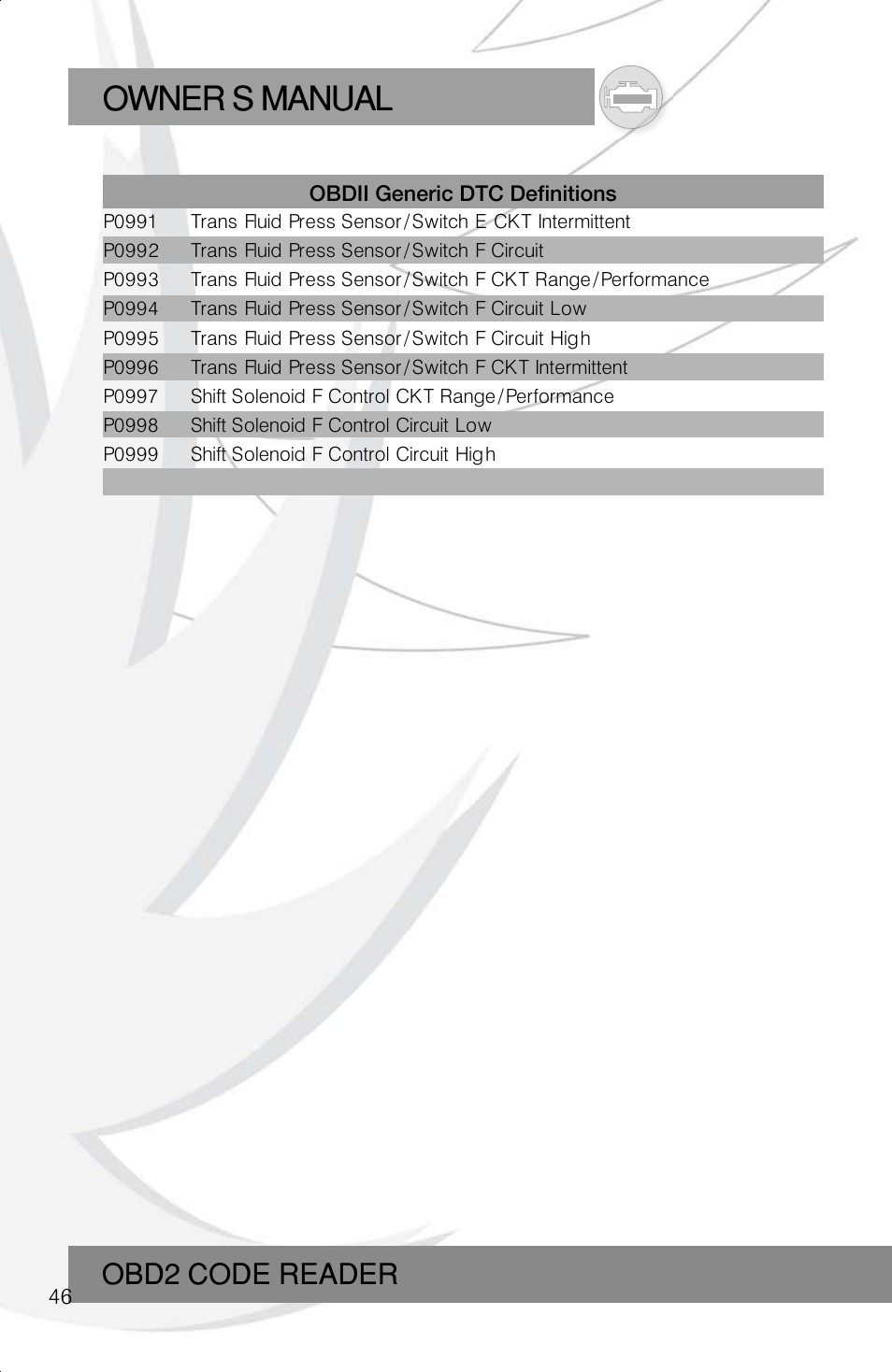 Owner s manual, Obd2 code reader | Roadi RDT40 User Manual | Page 46 / 56