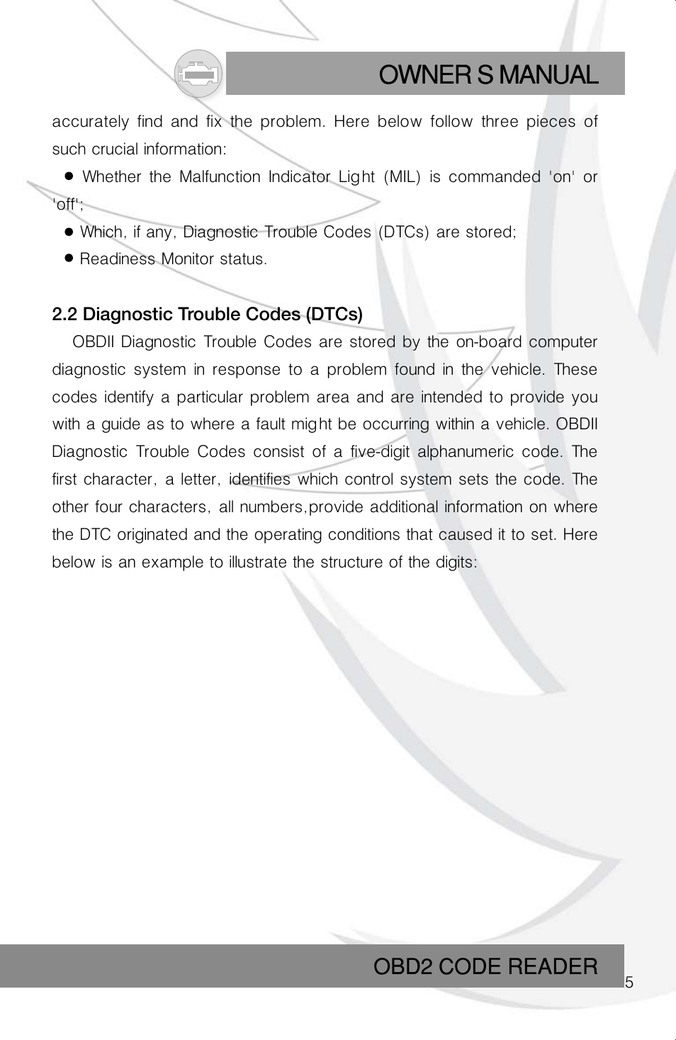 Owner s manual, Obd2 code reader | Roadi RDT40 User Manual | Page 5 / 56