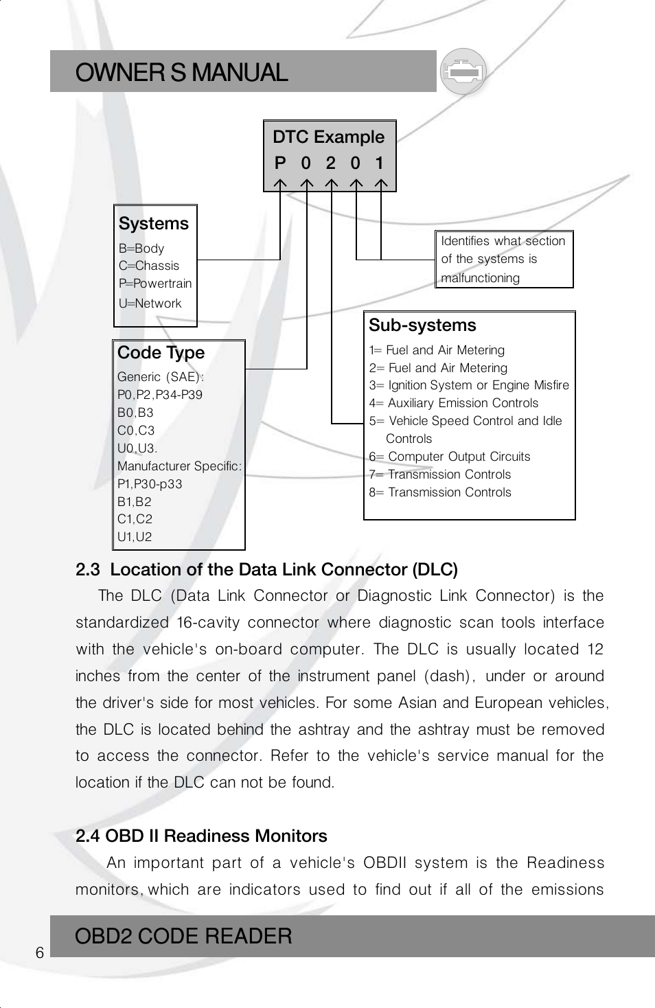 Owner s manual, Obd2 code reader | Roadi RDT40 User Manual | Page 6 / 56