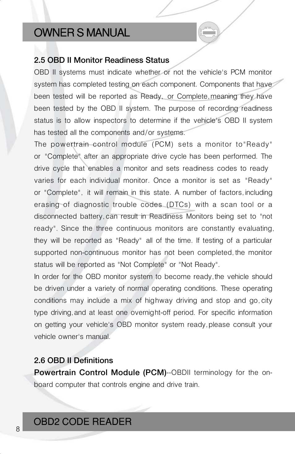 Owner s manual, Obd2 code reader | Roadi RDT40 User Manual | Page 8 / 56