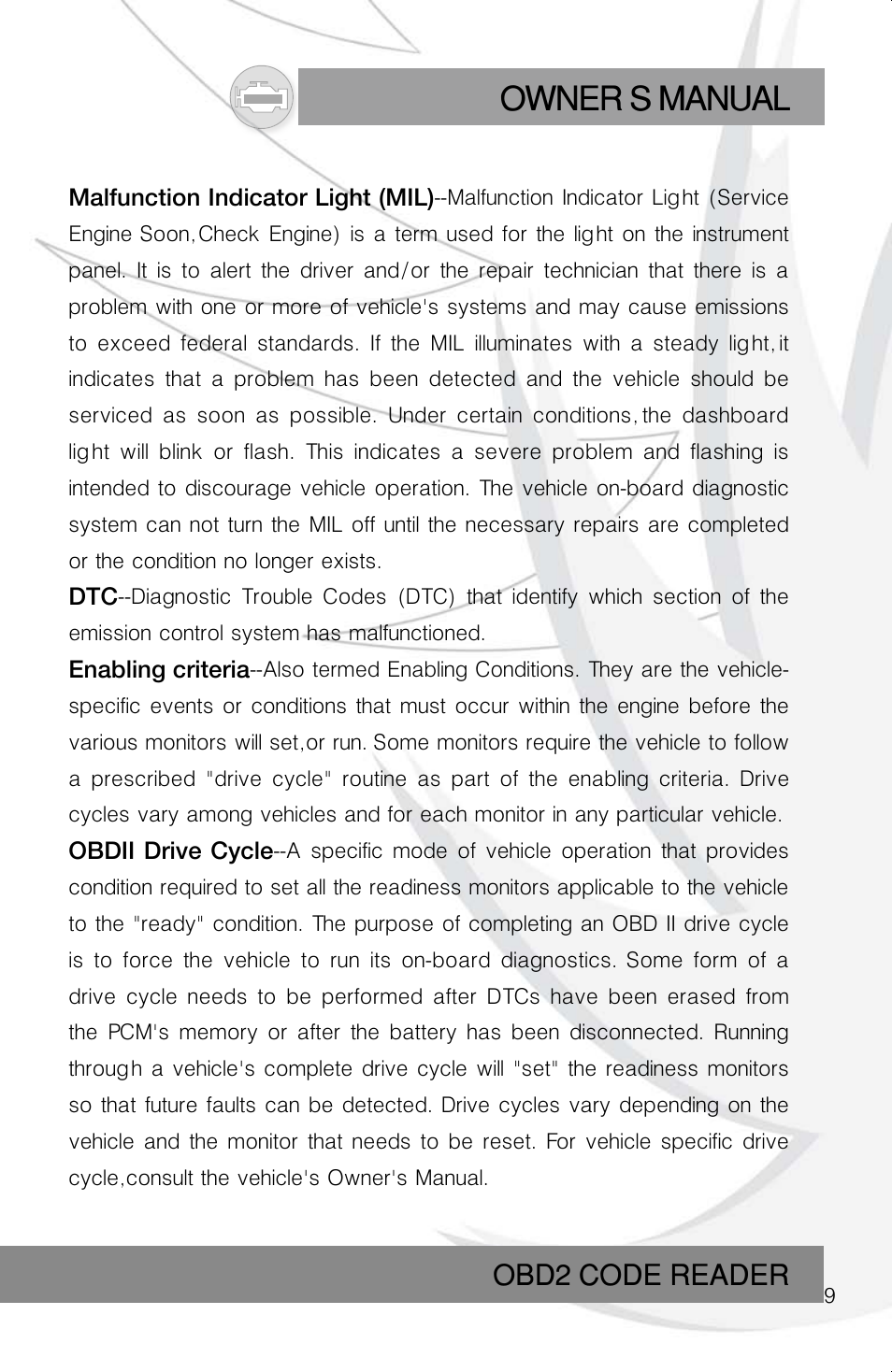 Owner s manual, Obd2 code reader | Roadi RDT40 User Manual | Page 9 / 56