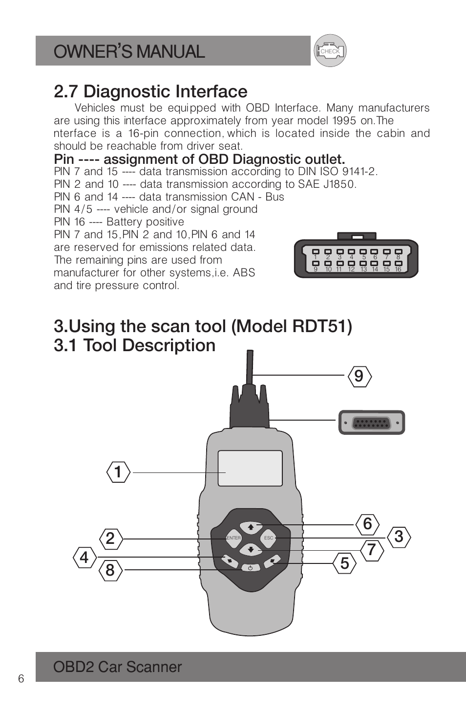 Owner s manual, 7 diagnostic interface, Obd2 car scanner | Pin ---- assignment of obd diagnostic outlet | Roadi RDT51 User Manual | Page 10 / 186