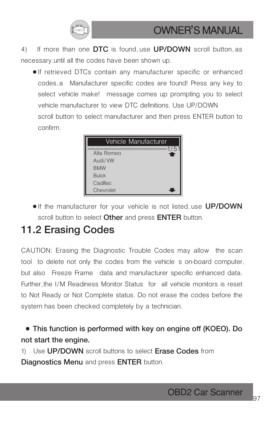 Owner s manual, 2 erasing codes, Obd2 car scanner | Roadi RDT51 User Manual | Page 101 / 186