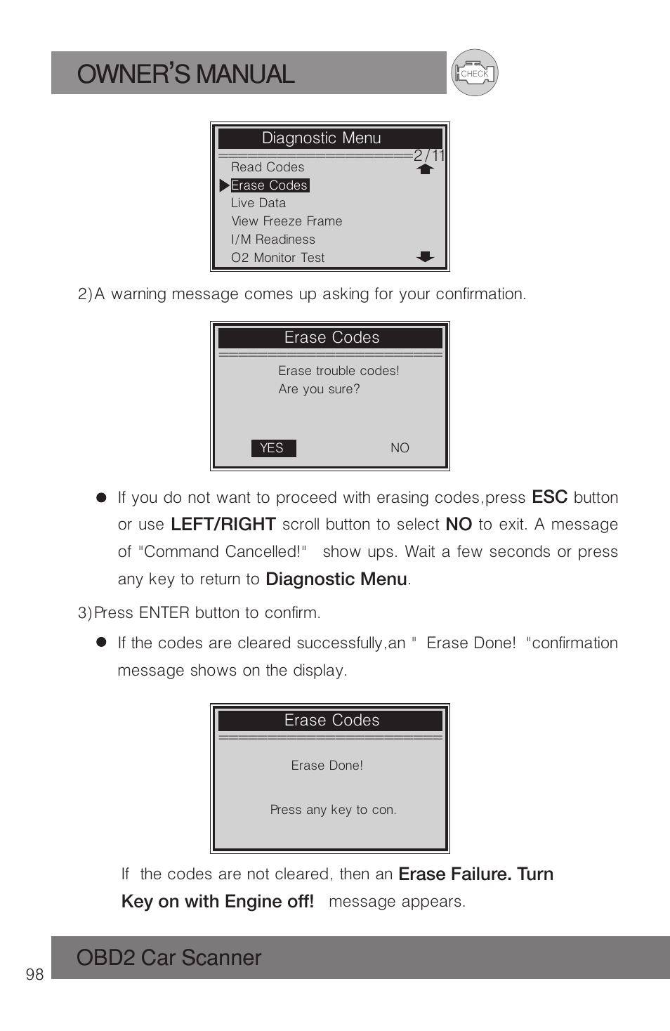 Owner s manual, Obd2 car scanner | Roadi RDT51 User Manual | Page 102 / 186