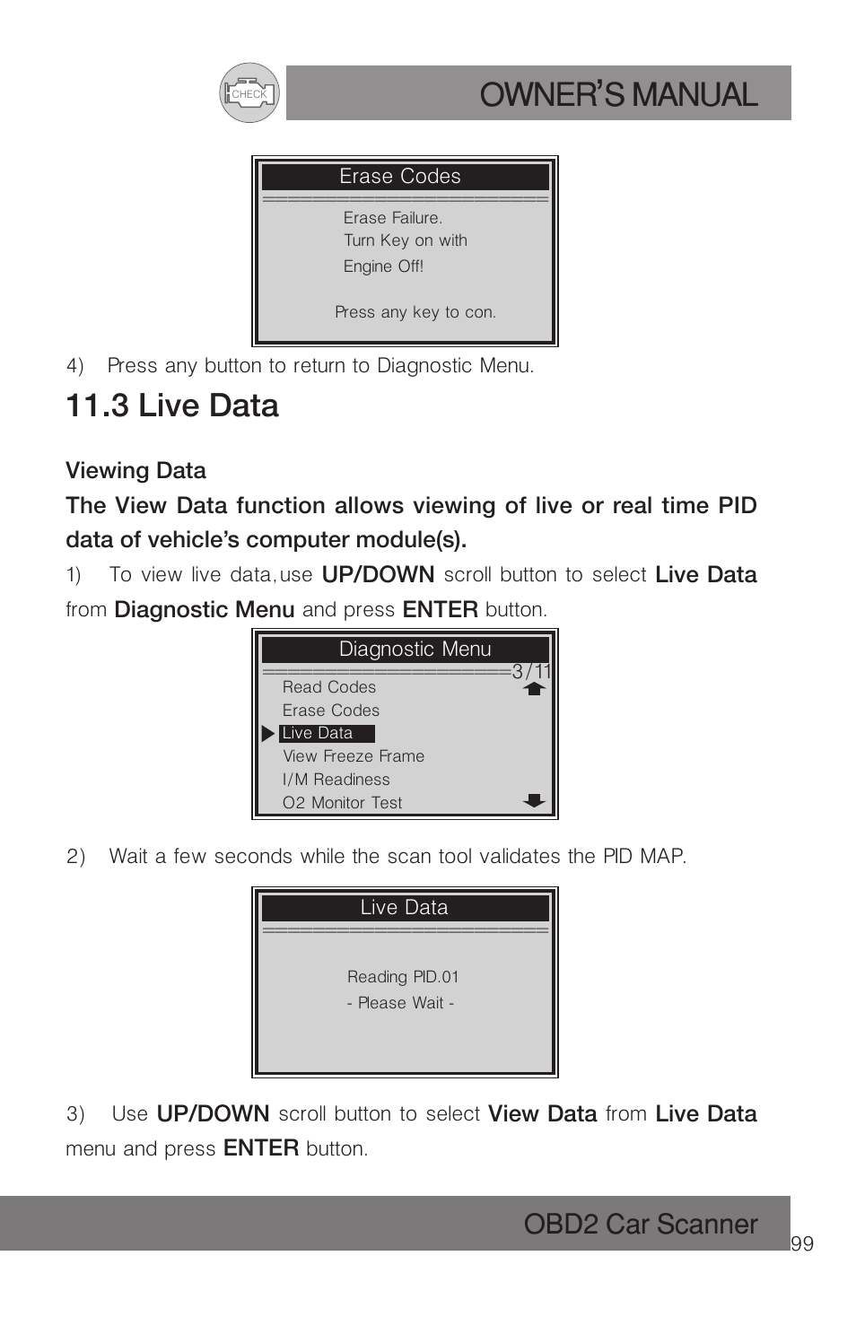 Owner s manual, 3 live data, Obd2 car scanner | Roadi RDT51 User Manual | Page 103 / 186