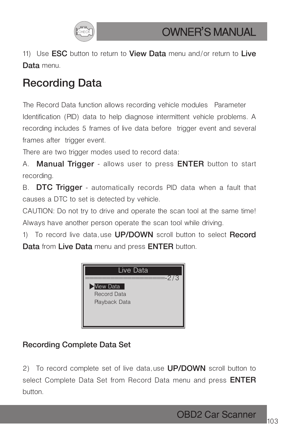 Owner s manual, Recording data, Obd2 car scanner | Roadi RDT51 User Manual | Page 107 / 186