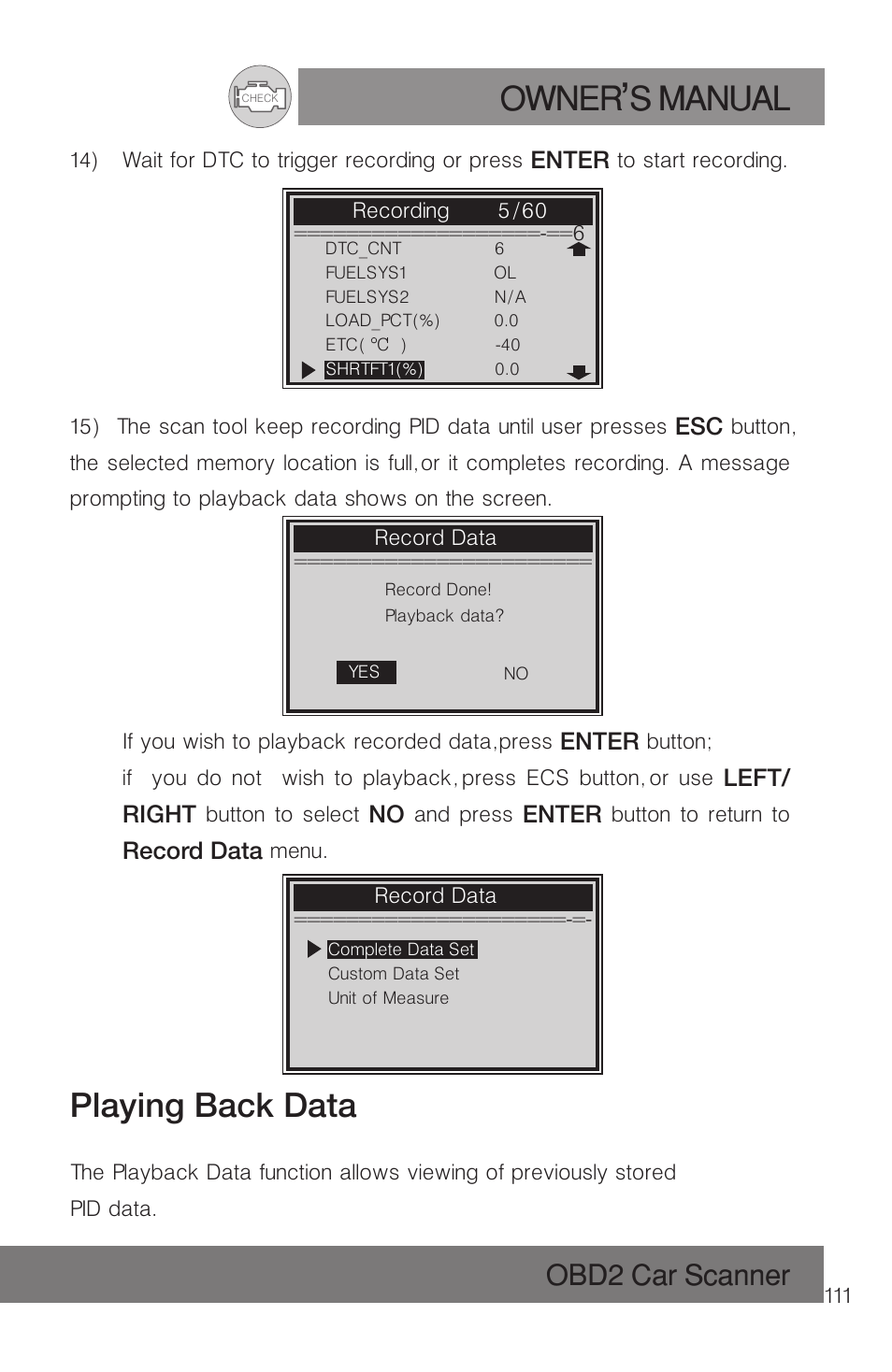 Owner s manual, Playing back data, Obd2 car scanner | Roadi RDT51 User Manual | Page 115 / 186