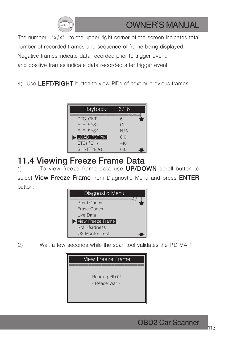 Owner s manual, 4 viewing freeze frame data, Obd2 car scanner | Roadi RDT51 User Manual | Page 117 / 186