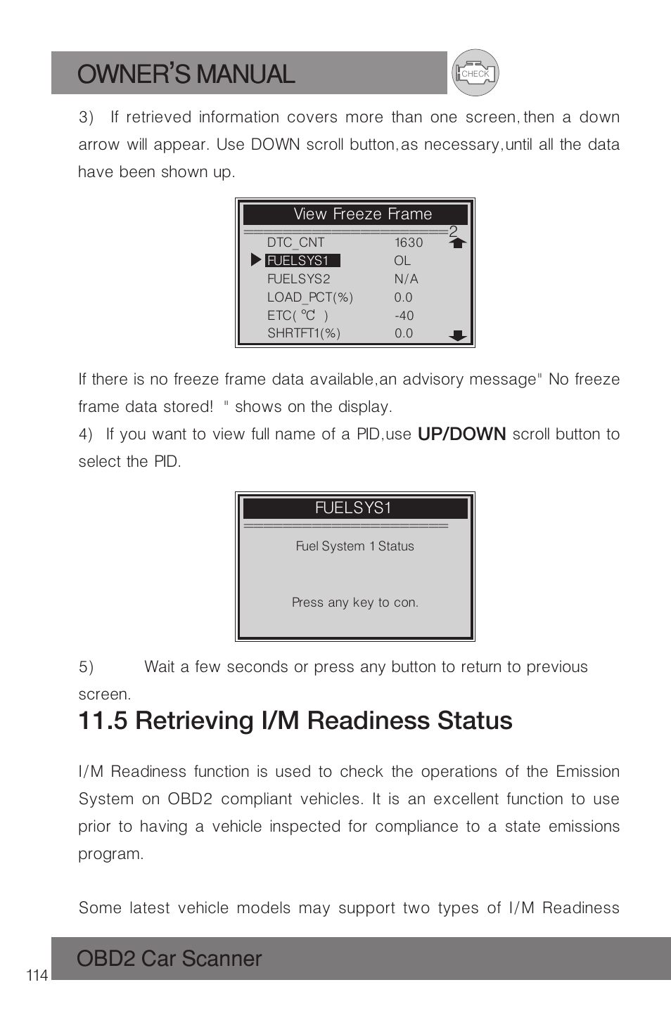 Owner s manual, 5 retrieving i/m readiness status, Obd2 car scanner | Roadi RDT51 User Manual | Page 118 / 186