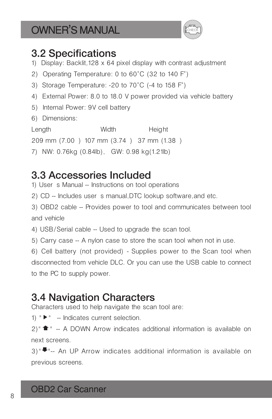 Owner s manual, 2 specifications, 3 accessories included | 4 navigation characters, Obd2 car scanner | Roadi RDT51 User Manual | Page 12 / 186