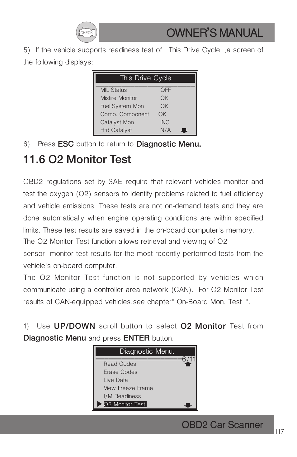 Owner s manual, 6 o2 monitor test, Obd2 car scanner | Roadi RDT51 User Manual | Page 121 / 186