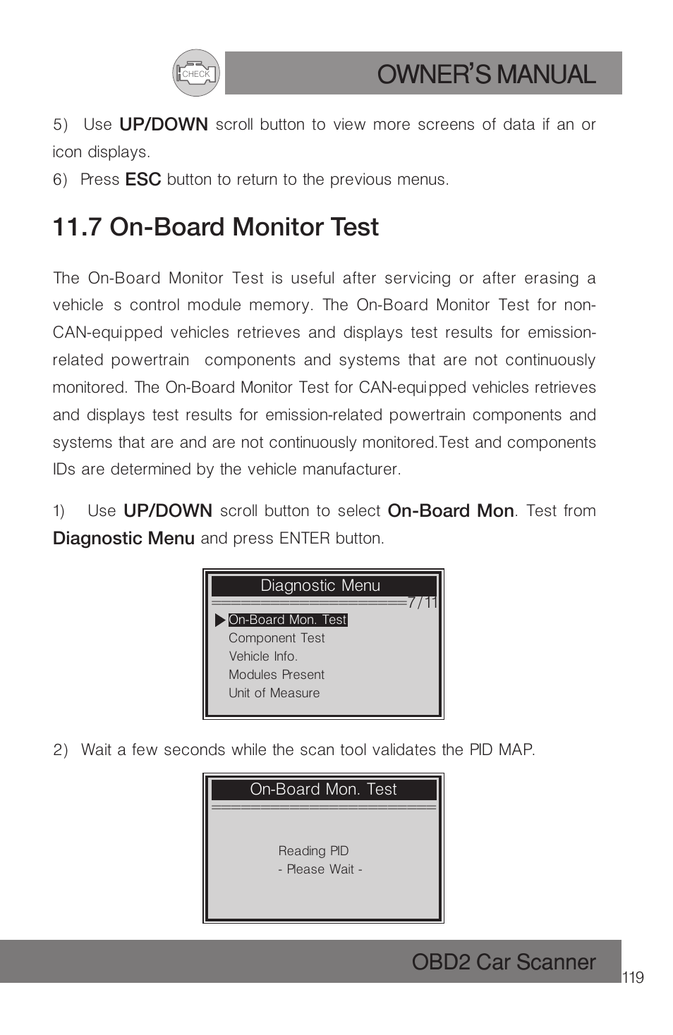 Owner s manual, 7 on-board monitor test, Obd2 car scanner | Roadi RDT51 User Manual | Page 123 / 186