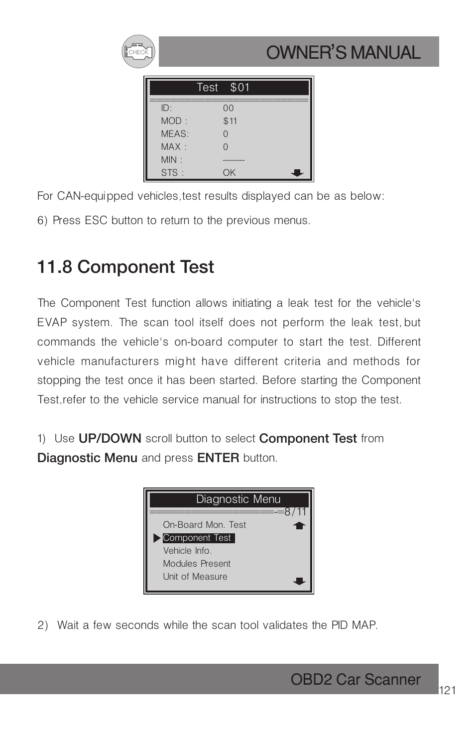 Owner s manual, 8 component test, Obd2 car scanner | Roadi RDT51 User Manual | Page 125 / 186