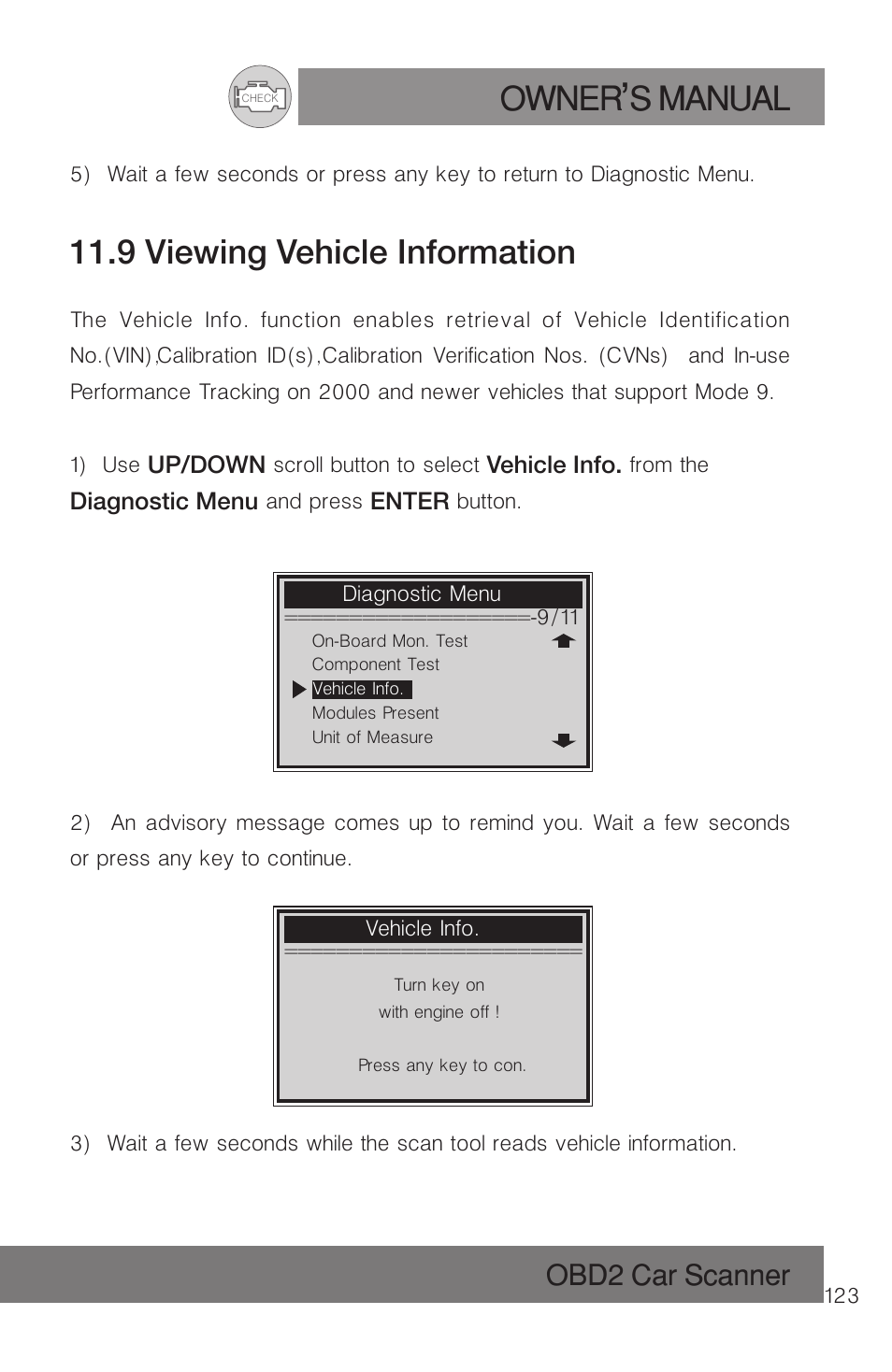 Owner s manual, 9 viewing vehicle information, Obd2 car scanner | Roadi RDT51 User Manual | Page 127 / 186