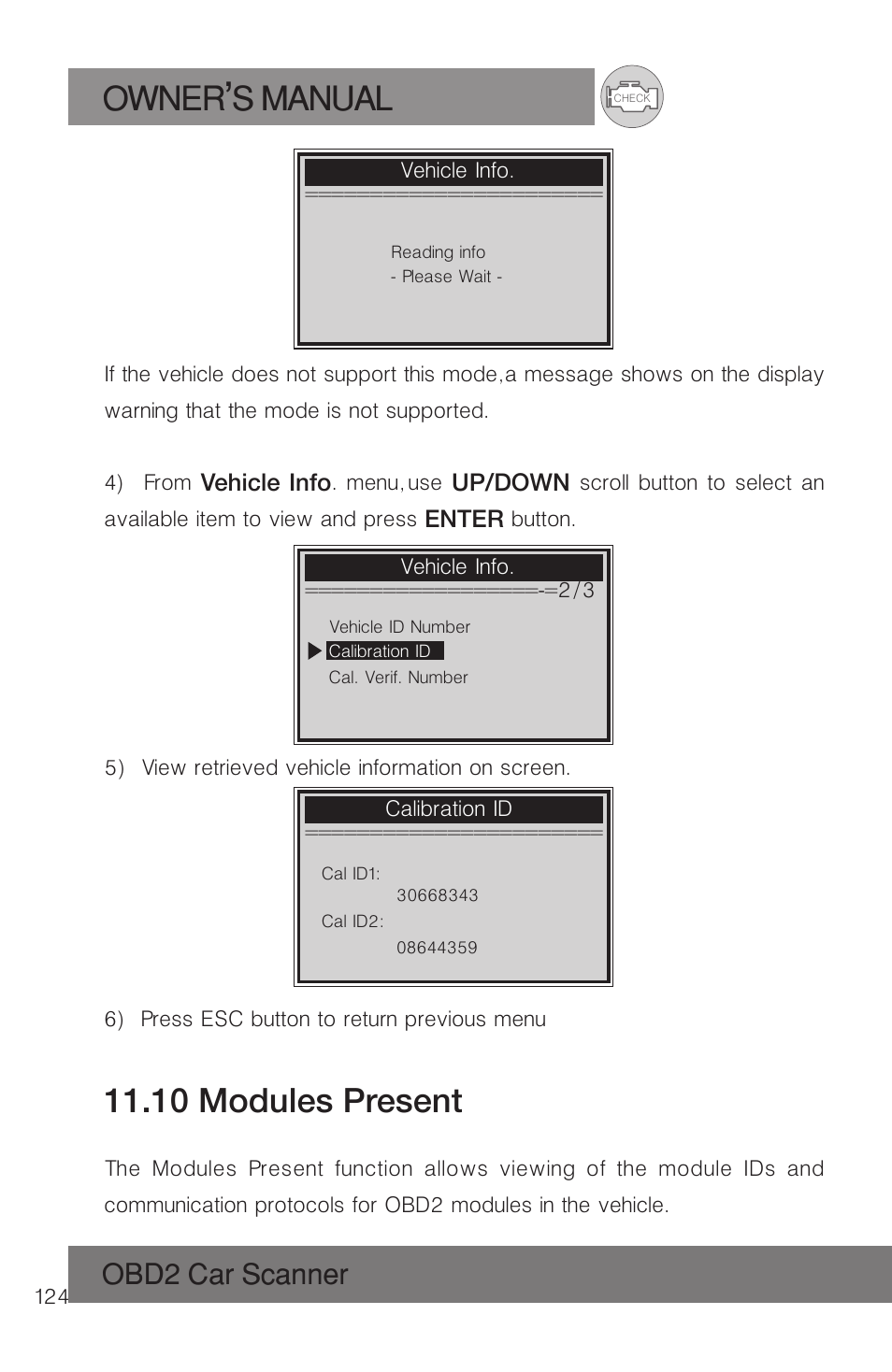 Owner s manual, 10 modules present, Obd2 car scanner | Roadi RDT51 User Manual | Page 128 / 186