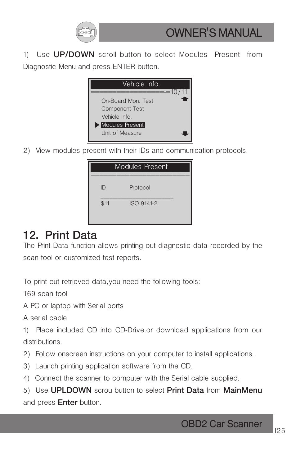 Owner s manual, Print data, Obd2 car scanner | Roadi RDT51 User Manual | Page 129 / 186