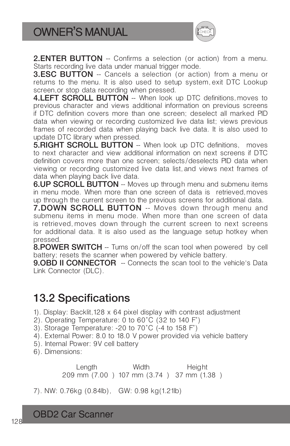 Owner s manual, 2 specifications, Obd2 car scanner | Roadi RDT51 User Manual | Page 132 / 186