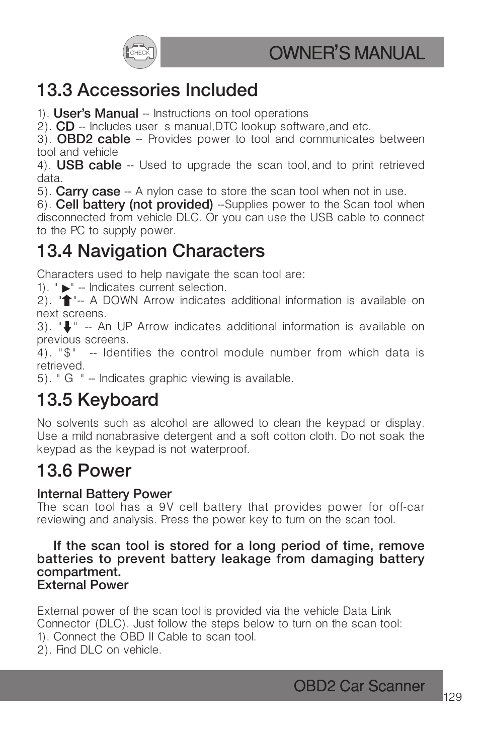 Owner s manual, 3 accessories included, 4 navigation characters | 5 keyboard, 6 power, Obd2 car scanner | Roadi RDT51 User Manual | Page 133 / 186