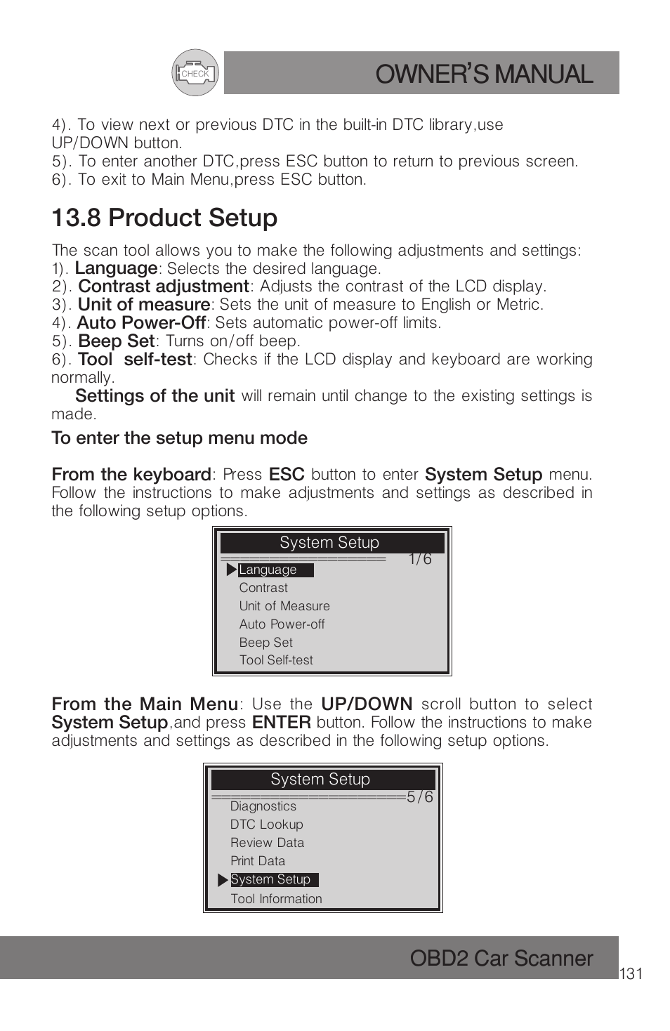 Owner s manual, 8 product setup, Obd2 car scanner | Roadi RDT51 User Manual | Page 135 / 186