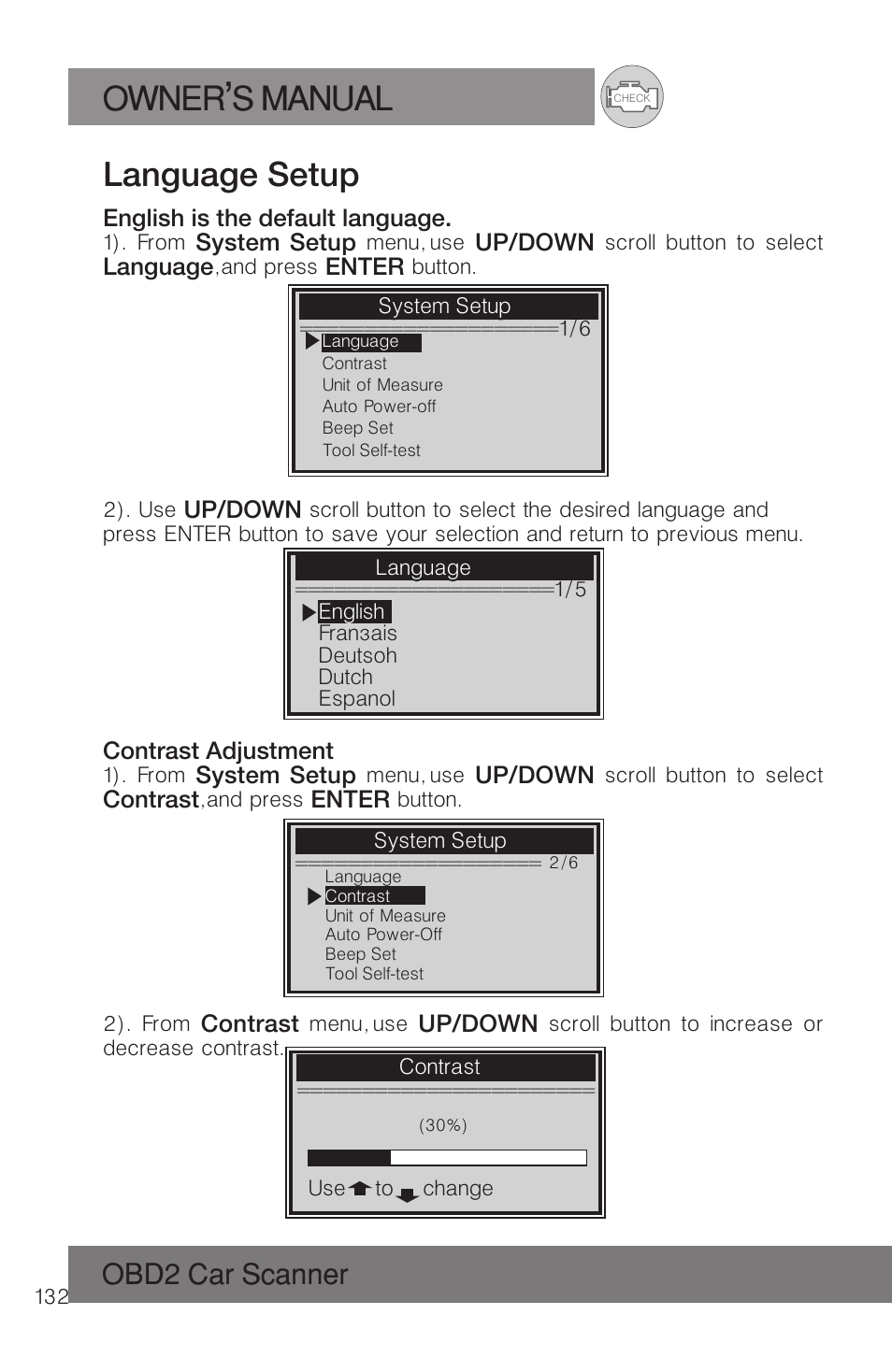 Owner s manual, Language setup, Obd2 car scanner | Roadi RDT51 User Manual | Page 136 / 186